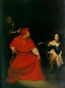 Joan of Arc is interrogated by The Cardinal of Winchester in her prison. Paul Delaroche
